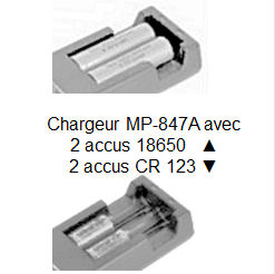Chargeur universel MP-847A pour Accus Li-ion CR123 et 18650 de 3,7 V DIGITAL OPTIC