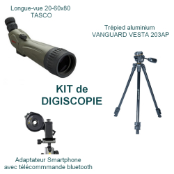 KIT Digiscopie avec longue-vue 20-60x80 TASCO et trépied VESTA 203AP et adaptateur smartphone bluetooth VANGUARD