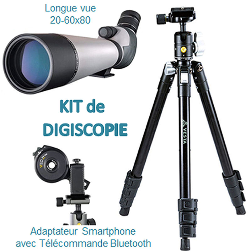 KIT Digiscopie DIGITAL OPTIC avec Longue vue 20-60x80 trépied VESTA 204 et adaptateur smartphone